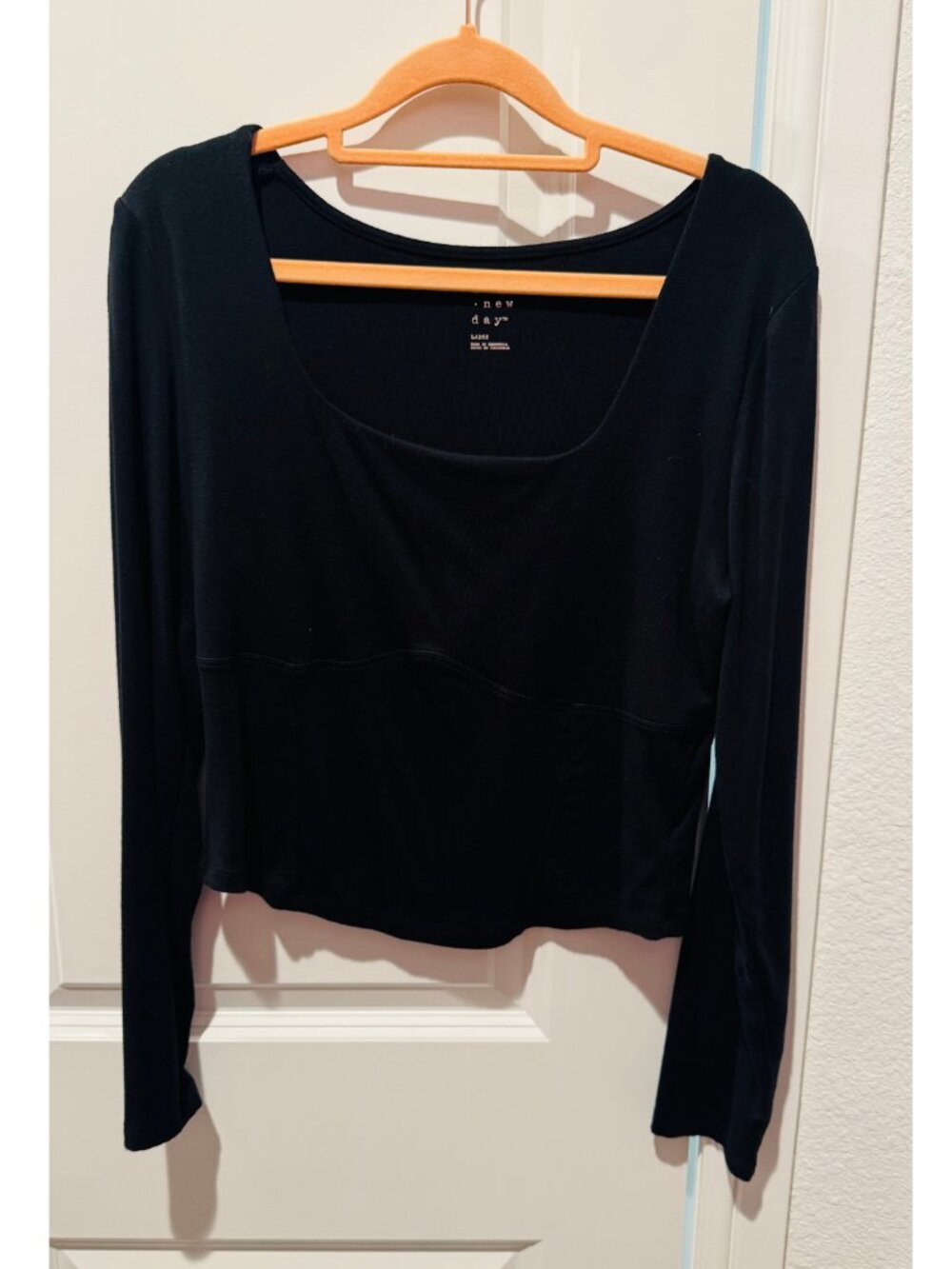 A New Day Black Square Neck Long Sleeve Fitted Top Size L